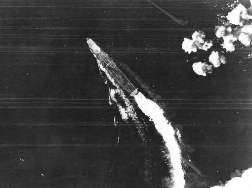 IJN aircraft carrier Hiryu maneuvering to avoid bombs