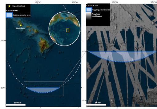 The expedition will focus on a crescent-shaped area on the southernmost edge of the EEZ, about 200 nautical miles south of Hawaiʻi Island.