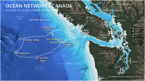 Ocean Networks Canada's cabled west coast observatories with the two gas hydrate nodes: Clayoquot Slope and Barkley Canyon.