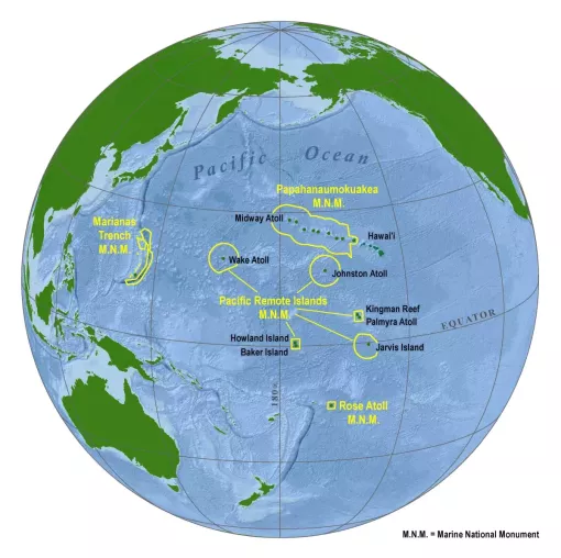 Global map with outlines of US marine monuments in the Pacific