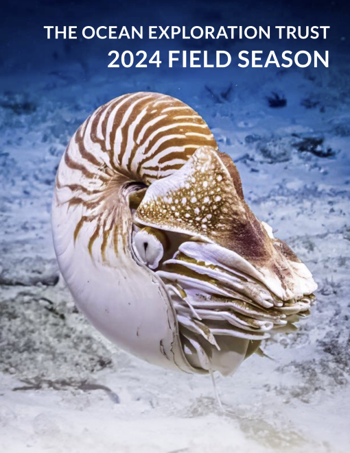 Cover page of annual report showing a chambered nautilus overlaid with the title text Ocean Exploration Trust 2024 Field Season