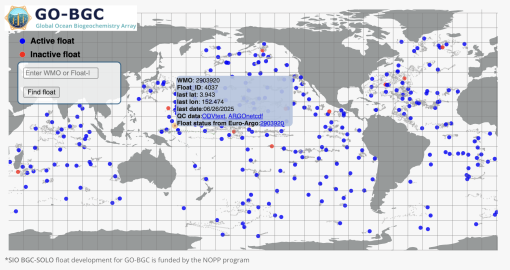 Map of GO-BGC biogeochemical Argo floats. Float 4037, deployed during this expedition, is highlighted in orange near the Solomon Islands.