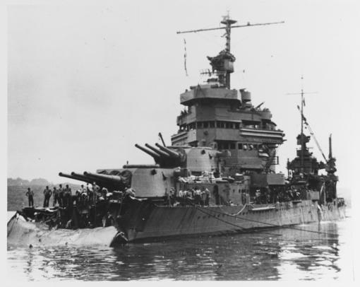 USS Minneapolis (CA-36) at Tulagi with torpedo damage received in the battle