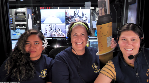 Ship-to-shore image of Emily K. Jones, Shelterihna Alokoa, and Melissa Miller during their Ship-to-shore call.