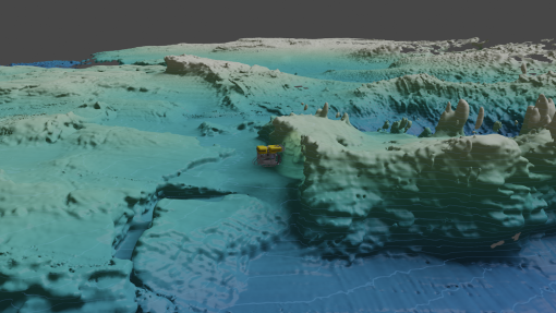 Three-dimensional rendering of bathymetry acquired using the K2Mapping acquisition software and a Norbit multibeam mounted on the ROV visualized with a model of ROV Hercules as it explores a coral garden area. (image credit:Kris Krasnosky, Seaward Science).
