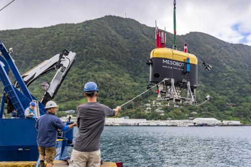 HROV Mesobot being launched off E/V Nautilus 