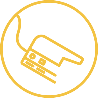 Icon showing tethered remotely-operated vehicle, inscibed in a circle