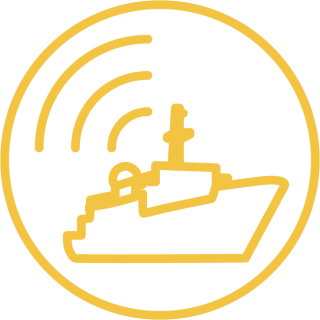 Icon showing ship broadcasting, inscribed in a circle